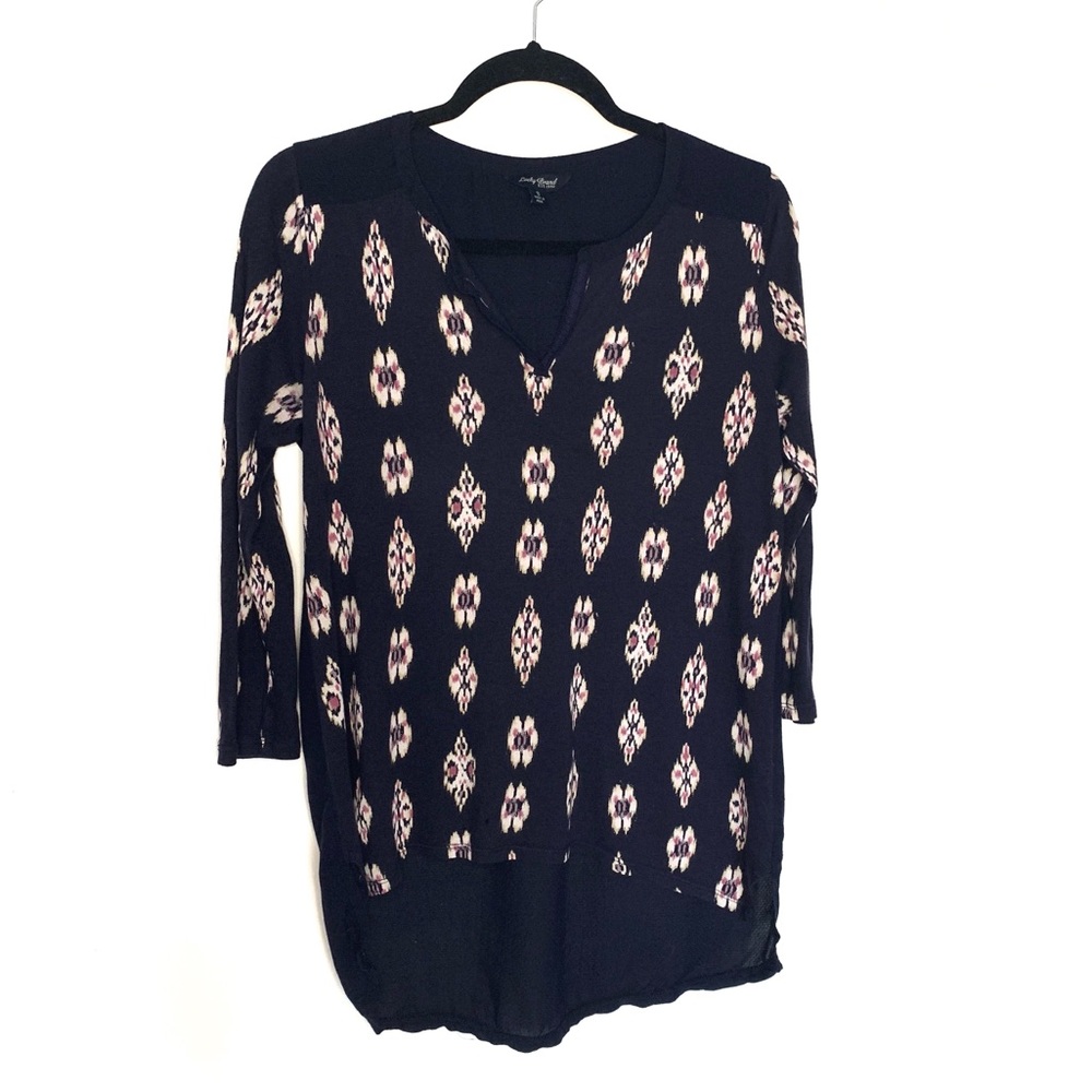 Vintage Lucky Brand Navy Ikat Ditsy Print Henley 3/4 Sleeve Top